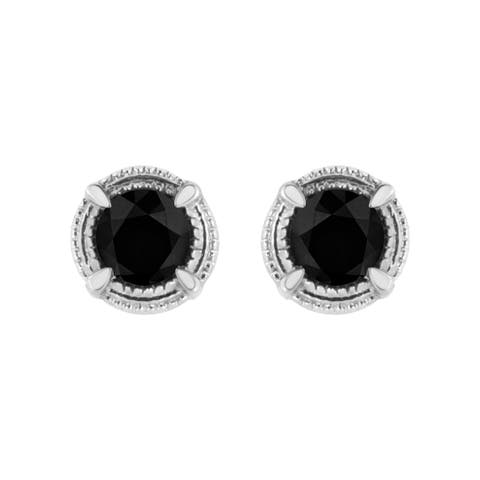 Silver 3/4 Ct Black Diamond Solitaire Milgrain Stud Earrings