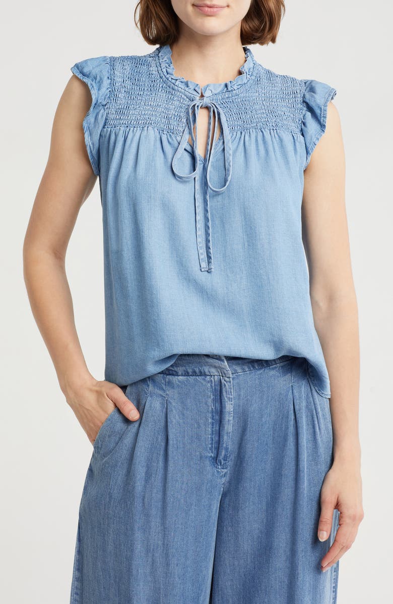 INDUSTRY REPUBLIC CLOTHING Smocked Cap Sleeve Chambray Top, Main, color, 