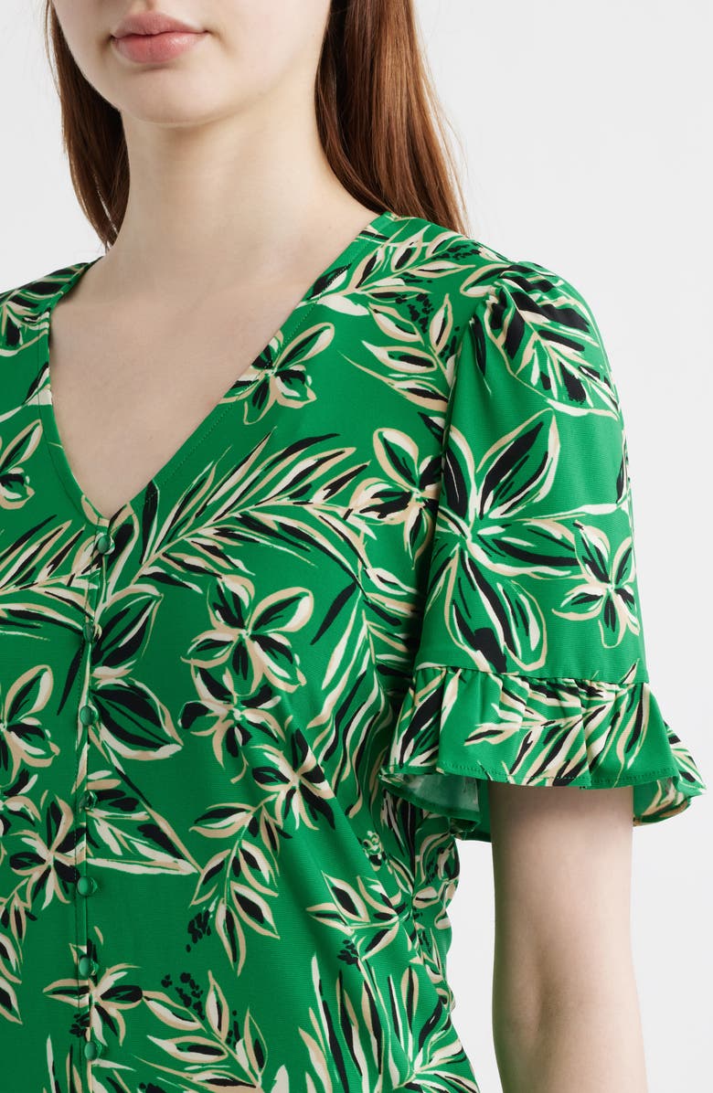 AK ANNE KLEIN Tropical Floral V-Neck Button-Up Knit Top, Alternate, color, 