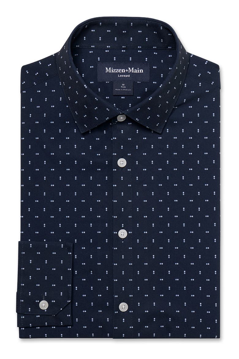 Halyard Trim Fit Short Sleeve Performance Button-Up Shirt, Alternate, color, NAVY DOUBLE DOT