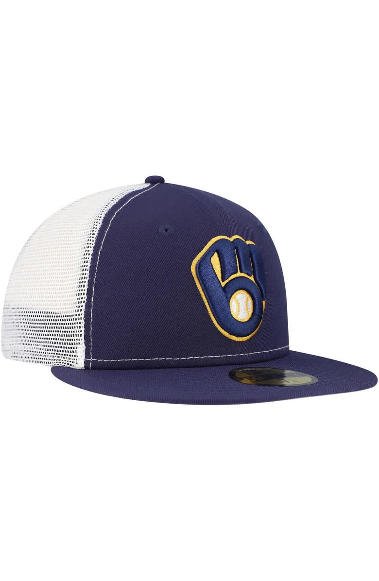 New Era Men's New Era Navy Milwaukee Brewers Team Color 59FIFTY Trucker Fitted Hat, Alternate, color,