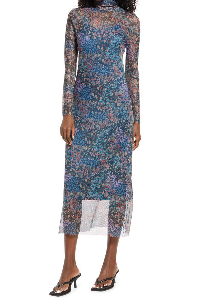 Open Edit Mock Neck Long Sleeve Mesh Midi Dress, Main, color, 