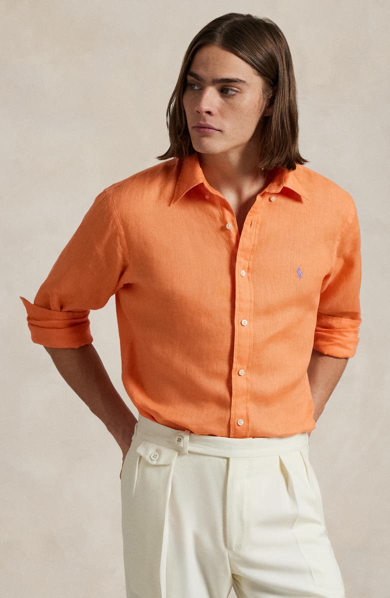 Polo Ralph Lauren Classic Fit Solid Orange Linen Button-Down Shirt, Alternate, color, Poppy