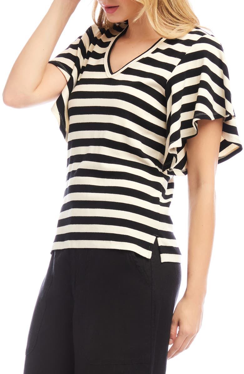 Karen Kane Stripe Flutter Sleeve Stretch Cotton Top, Alternate, color, Black/ Cream