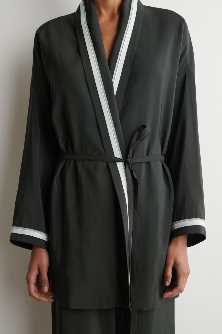 Contrast-piped Robe-style Blouse, Alternate, color, KHAKI / WHITE