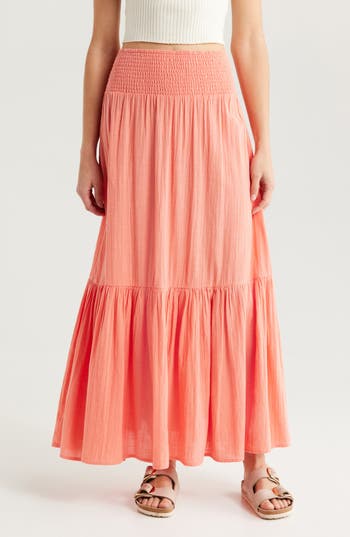 Billabong In The Palms Tiered Cotton Maxi Skirt In Orange