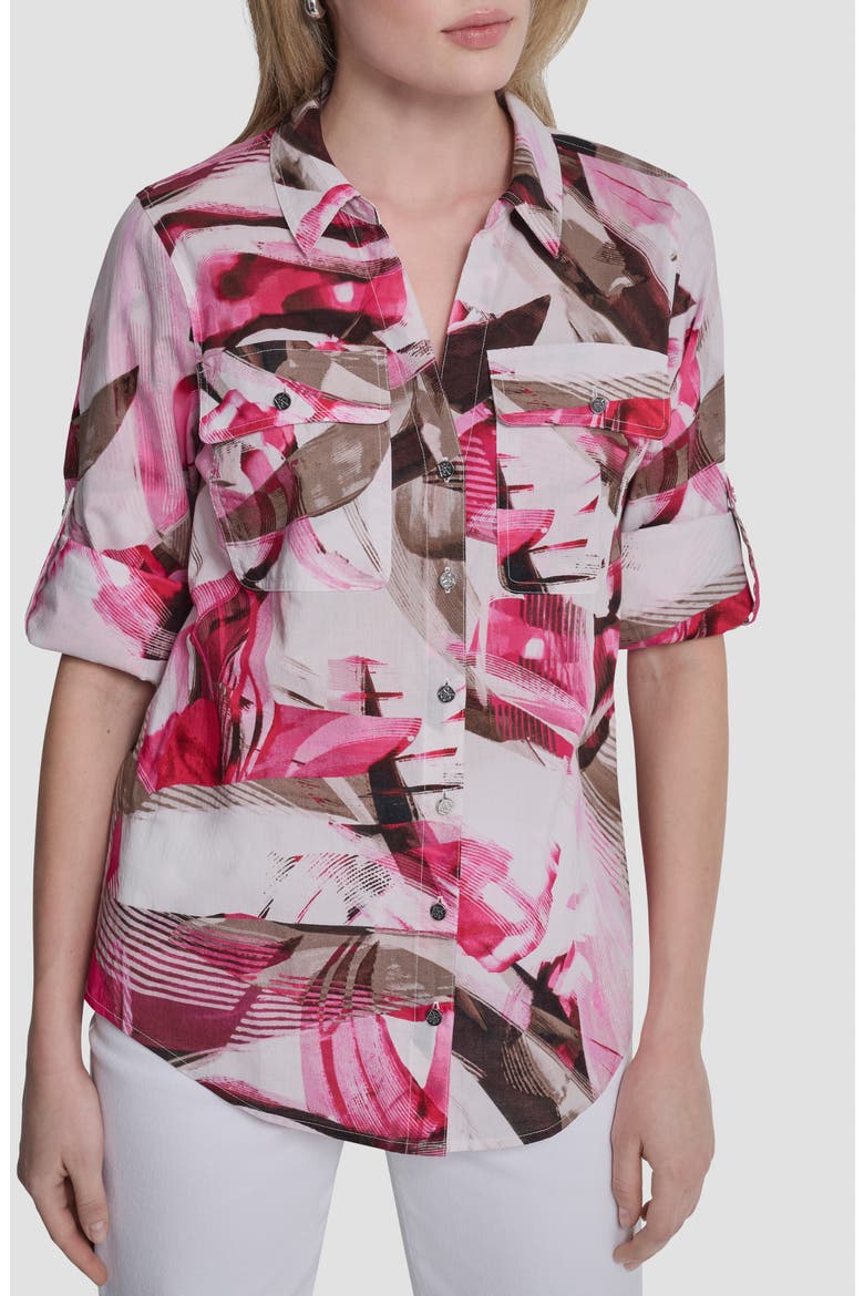 Printed Roll-Tab Cuff Cotton Button-Up Shirt, Main, color, SPRING WISPS