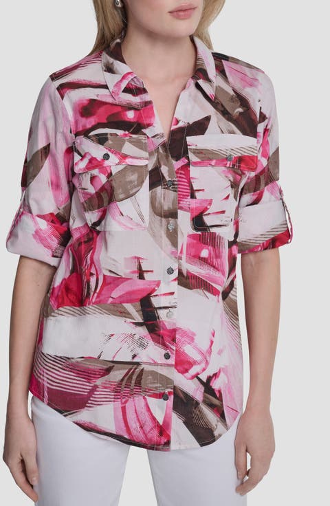 Printed Roll-Tab Cuff Cotton Button-Up Shirt
