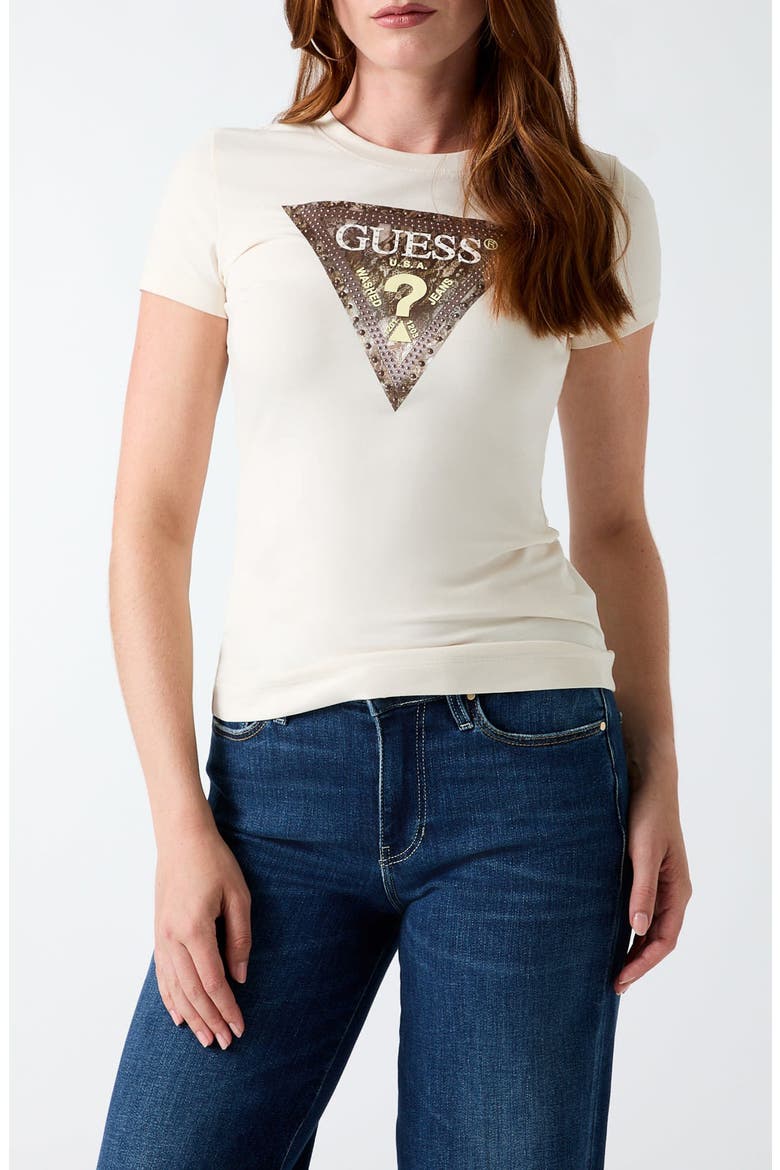 Snakeskin Print Stud Triangle T-Shirt, Main, color, CREAM WHITE