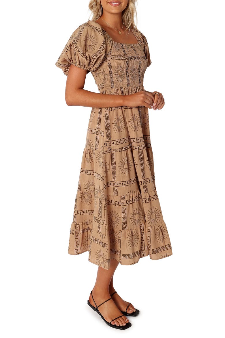 Soliel Puff Sleeve Midi Dress, Alternate, color, TAN BLACK