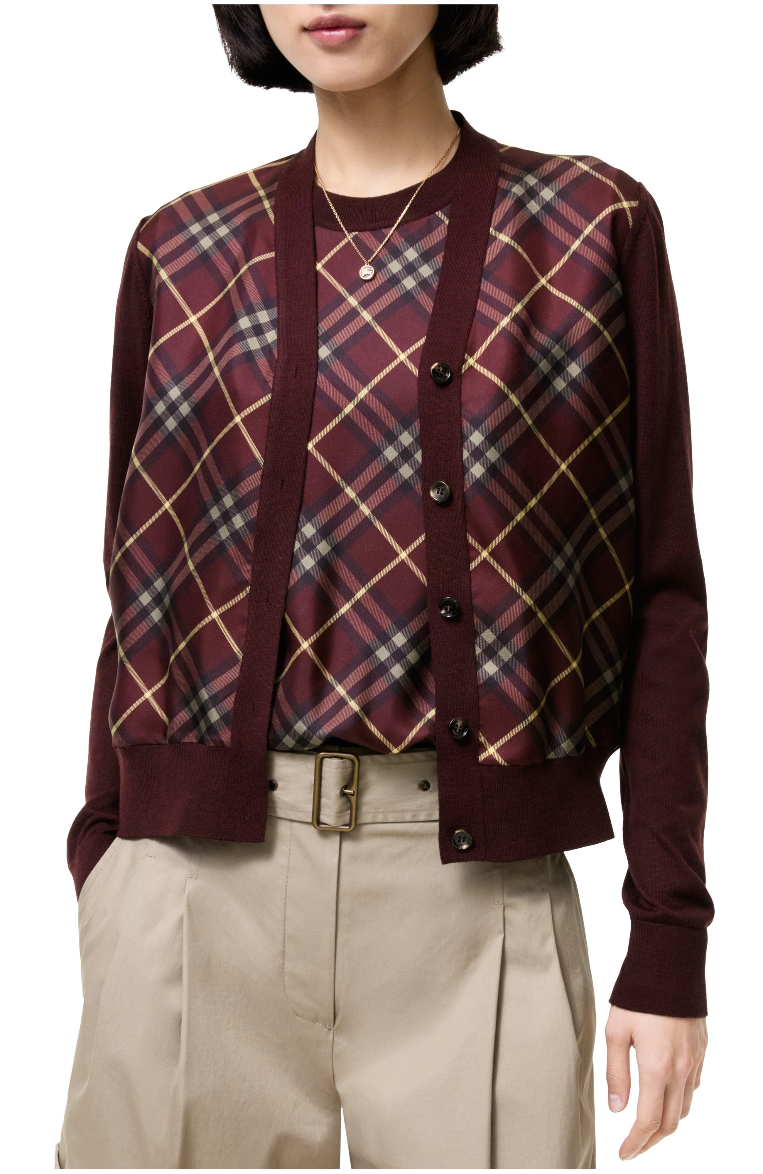 Check Panel Wool Silk Cardigan - image 3