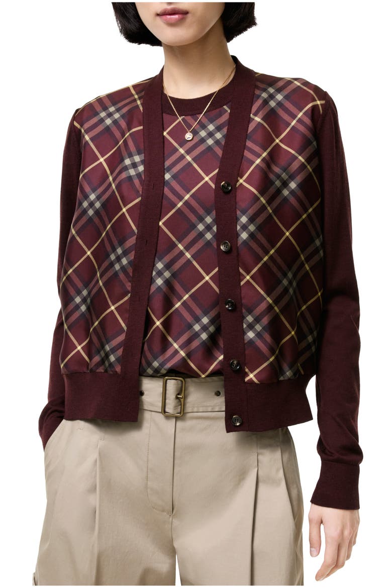 Check Panel Wool Silk Cardigan, Main, color, Vineyard red