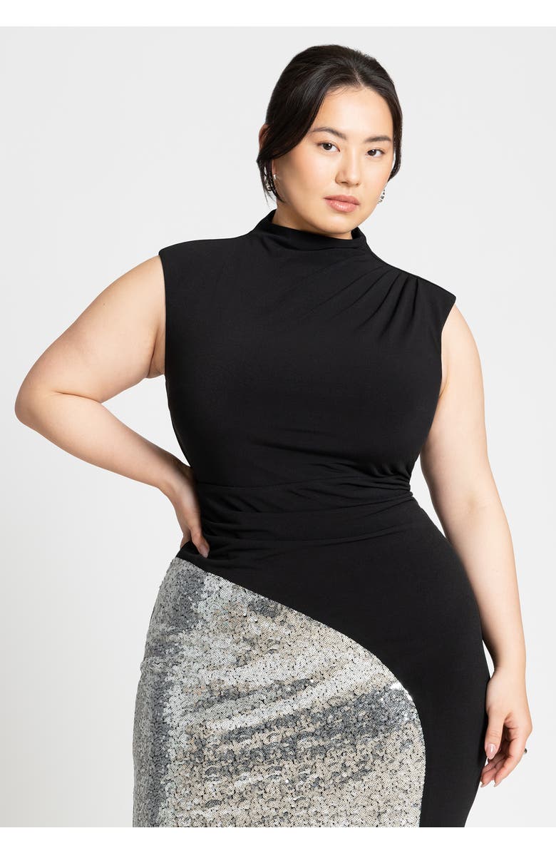 ELOQUII Funnel Neck Knit Dress With Sequin, Alternate, color, Black Onyx