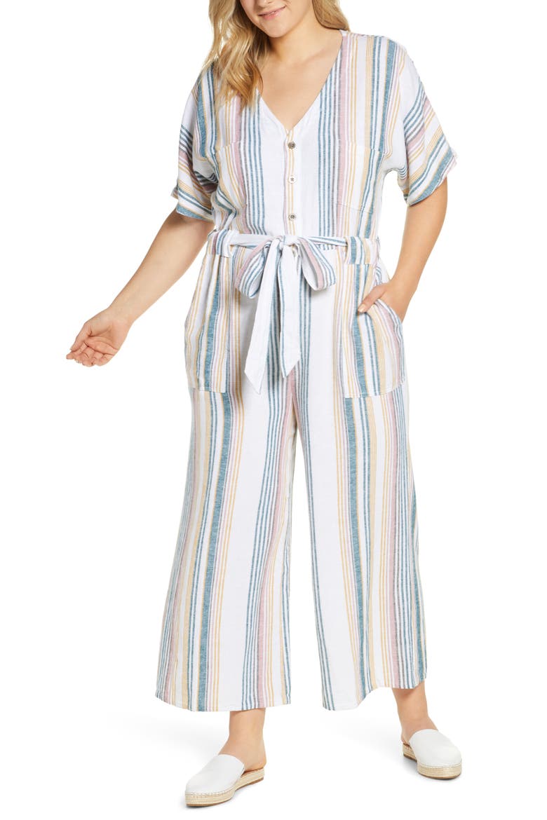 Linen Blend Jumpsuit, Alternate, color, IVORY MULTI STRIPE