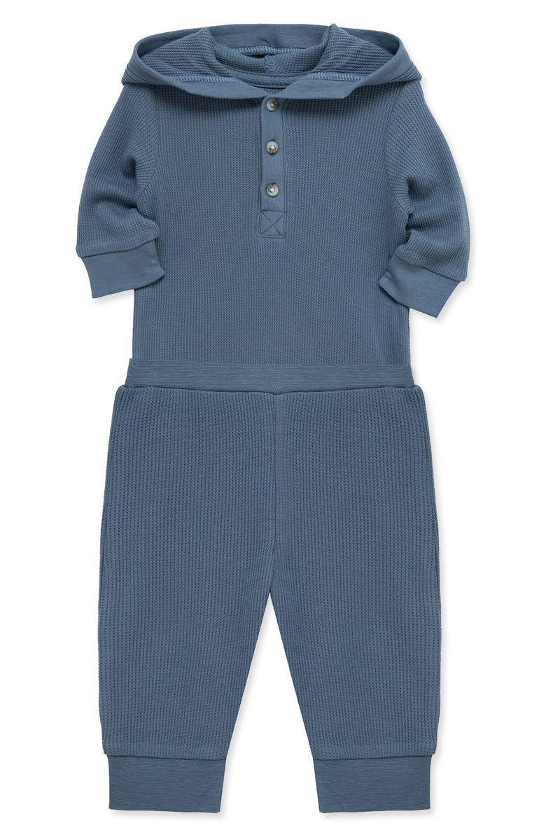 Little Me Waffle Hooded Bodysuit & Pants Set, Alternate, color, Dk Blue
