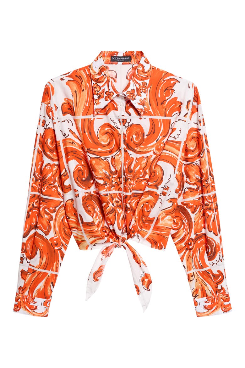 Majolica Print Tie Front Cotton Poplin Button-Up Shirt, Main, color, S9000 VARIANTE ABBINATA