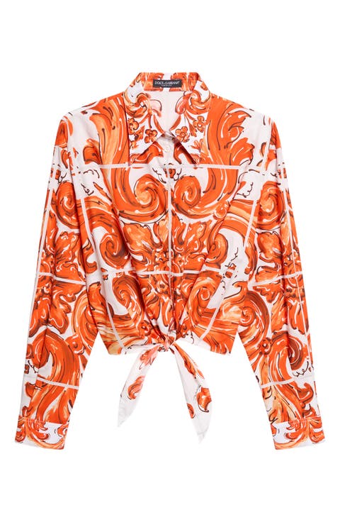 Majolica Print Tie Front Cotton Poplin Button-Up Shirt