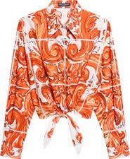 Dolce&Gabbana Majolica Print Tie Front Cotton Poplin Button-Up Shirt