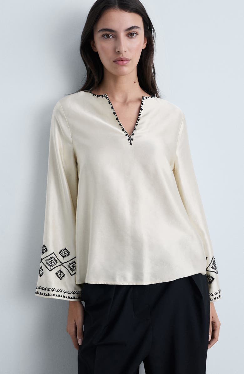 MANGO Embroidered Satin Peasant Top, Alternate, color,