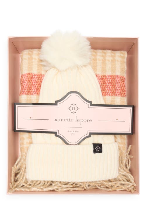 Nanette Lepore Faux Fur Pompom Beanie & Scarf Set In Neutral