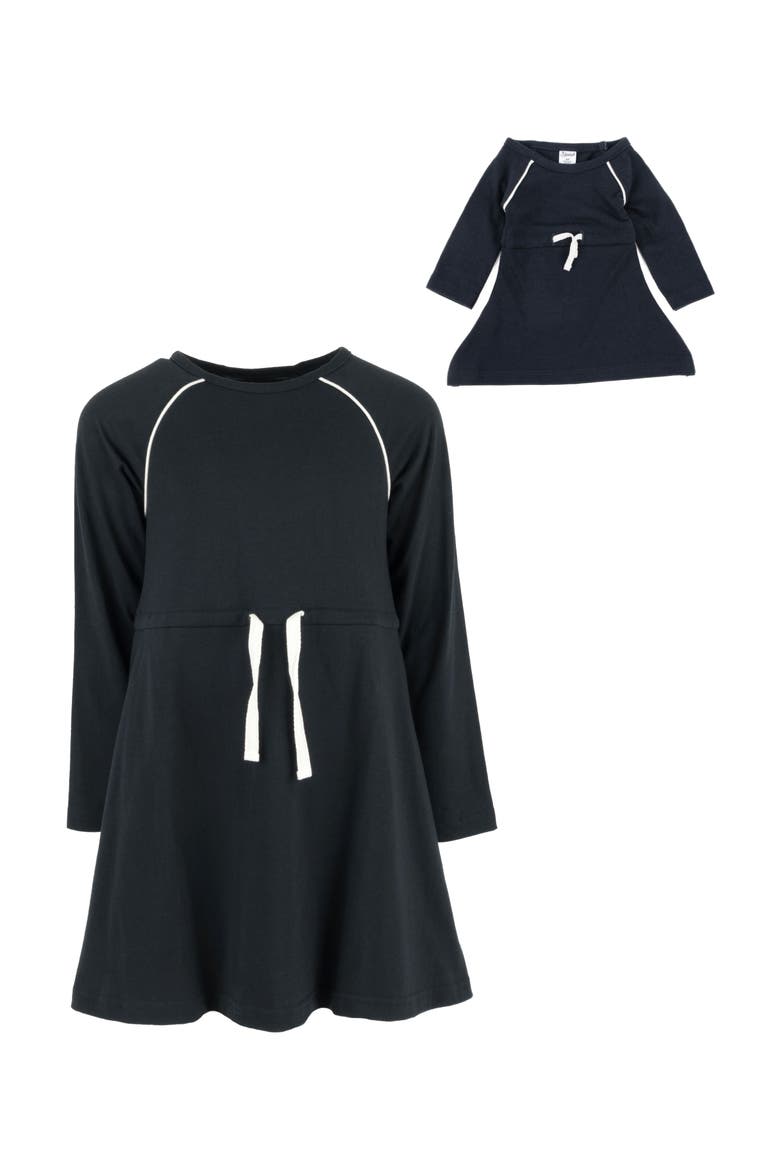 Girls Bow Tie Dress with Matching Doll Dress, Main, color, NAVY