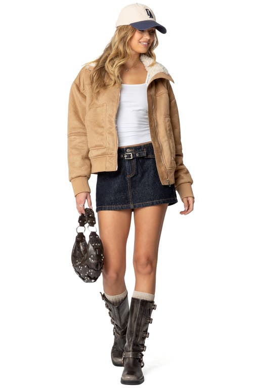 Edikted Faux Suede Shearling Bomber Jacket In Tan