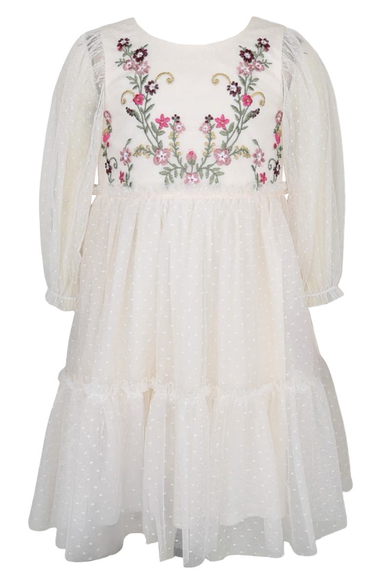 Zunie Kids' Three Quarter Sleeve Embroidered Dress, Main, color, Champagne