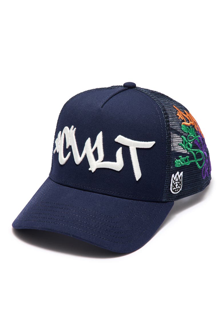 Graffiti Logo Trucker Hat, Main, color, MIDNIGHT BLUE