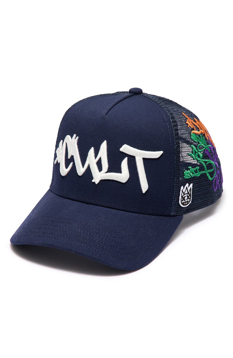 Cult of Individuality Graffiti Logo Trucker Hat, Main, color, Midnight Blue