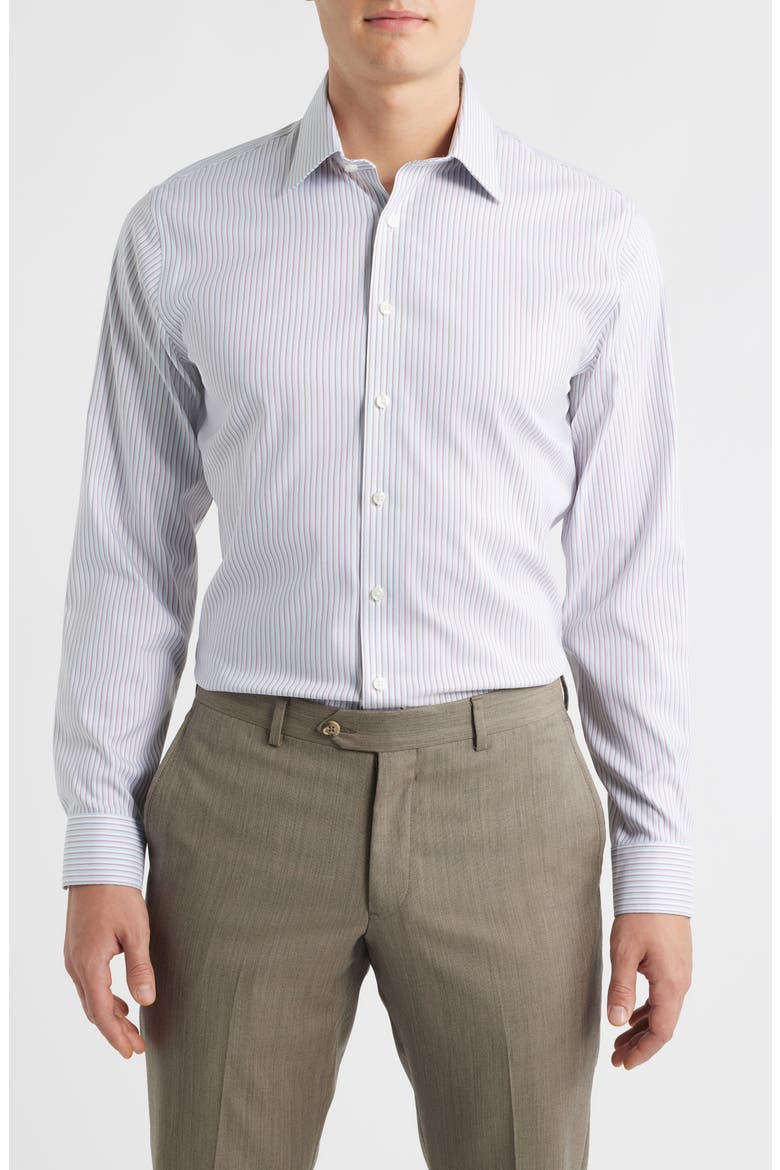 Trim Fit Stripe Premium Performance Twill Dress Shirt, Main, color, BLUE- RED TORRES STRIPE