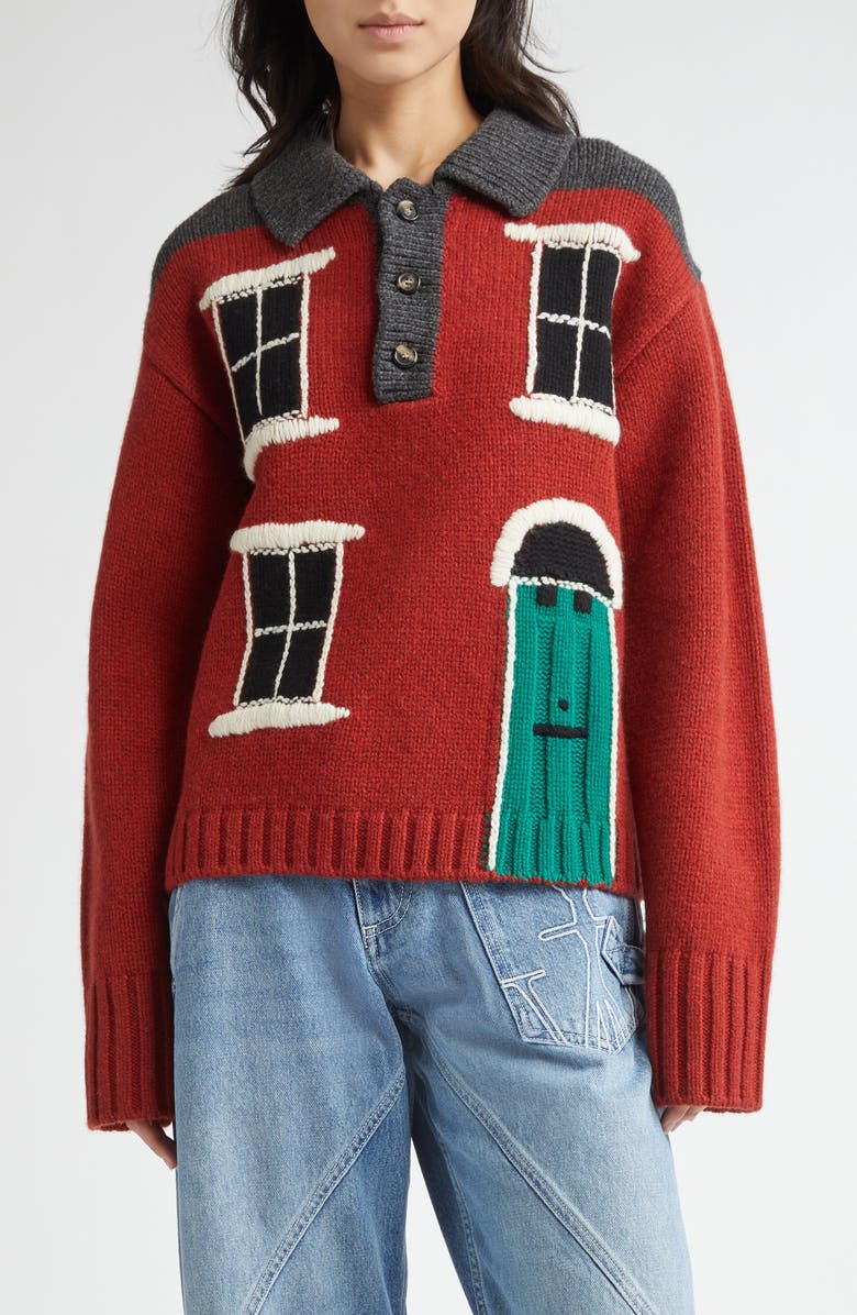JW Anderson House Intarsia Wool Polo Sweater, Main, color, 