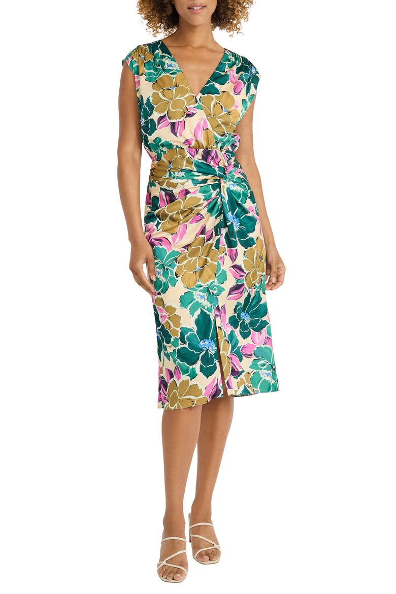 Floral Drape Detail Midi Dress, Main, color, CHAMPAGNE/ TEAL