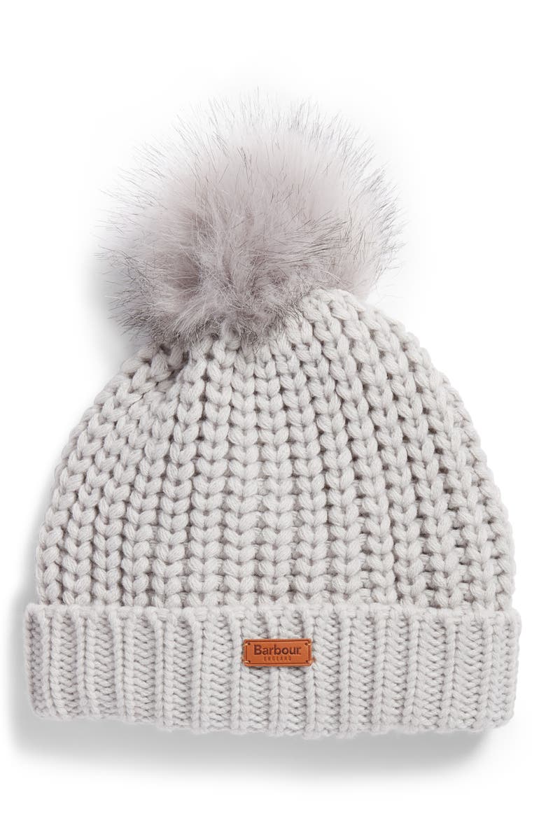 Barbour Saltburn Beanie with Faux Fur Pom, Main, color, Ice White