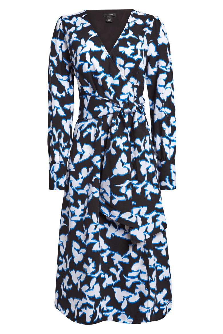 Long Sleeve Wrap Midi Dress, Main, color, BLACK FLORAL