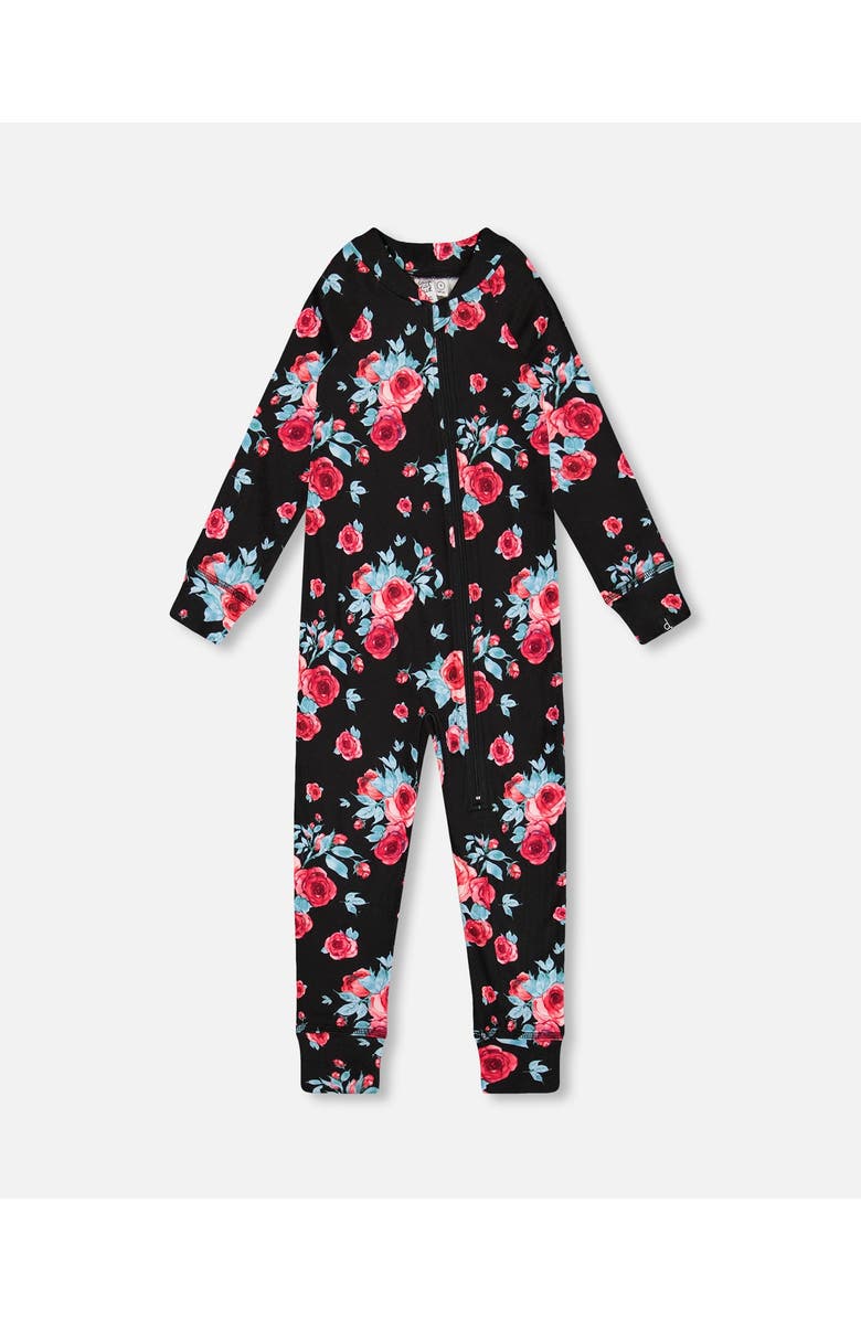 Deux par Deux Little Girl's One Piece Thermal Underwear Black Printed Roses, Main, color, Printed Roses