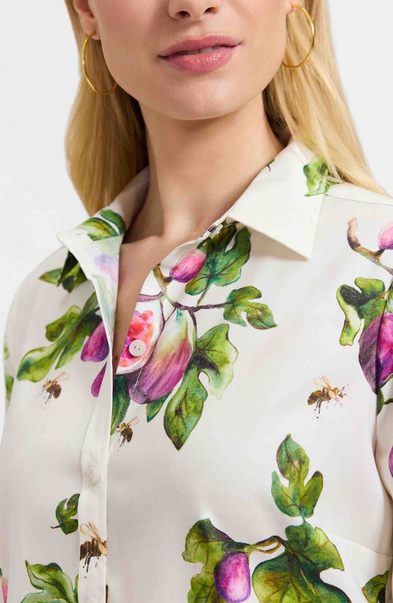 Foxcroft Hampton Figs Print Stretch Cotton Button-Up Shirt, Alternate, color, Ivory/ Multi