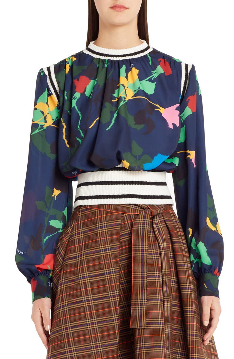 MSGM Rib Trim Floral Print Blouse, Main, color, 