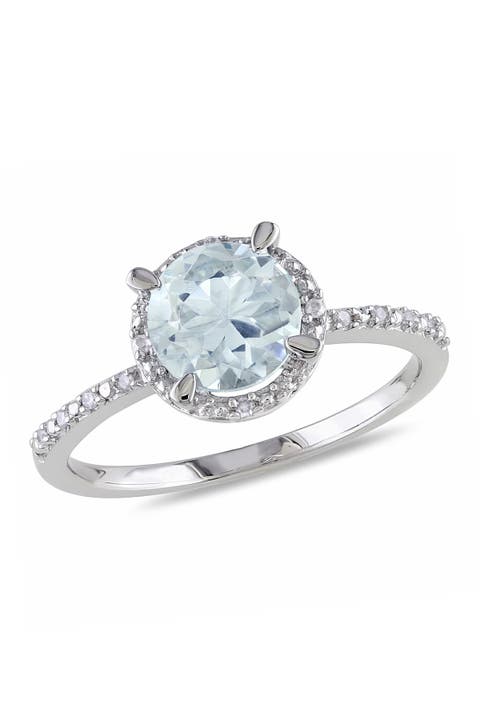 Sterling Silver Round Aquamarine & Diamond Halo Ring