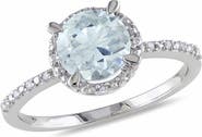 DELMAR Sterling Silver Round Aquamarine & Diamond Halo Ring