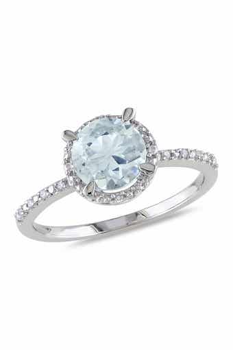 DELMAR Sterling Silver Round Aquamarine & Diamond Halo Ring