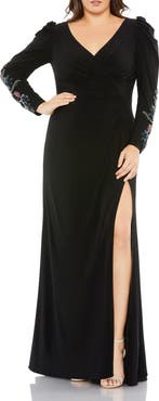 Mac Duggal Embellished Long Sleeve Faux Wrap Gown