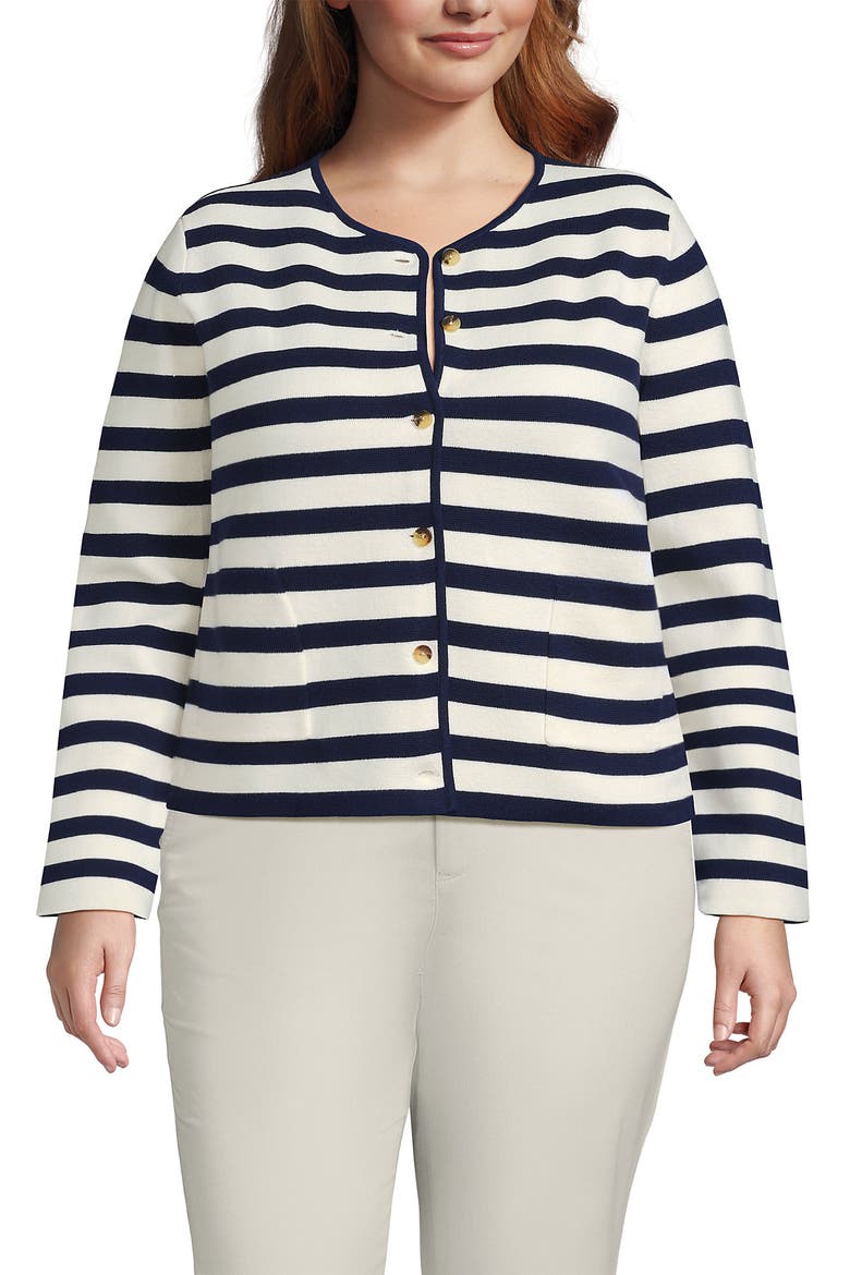 Plus Size Fine Gauge Cotton Milano Blazer Sweater, Main, color, Fresh Ivory/Navy Breton Stripe