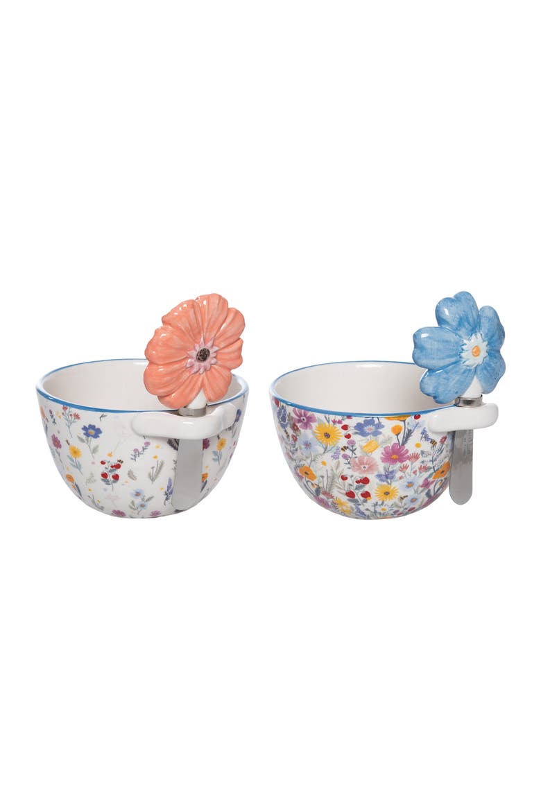 Dolomite Bowl with Floral Spreader Set of 2 Multicolored for Spring Serving and Entertaining, Main, color, Blue