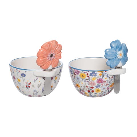 Dolomite Bowl with Floral Spreader Set of 2 Multicolored for Spring Serving and Entertaining