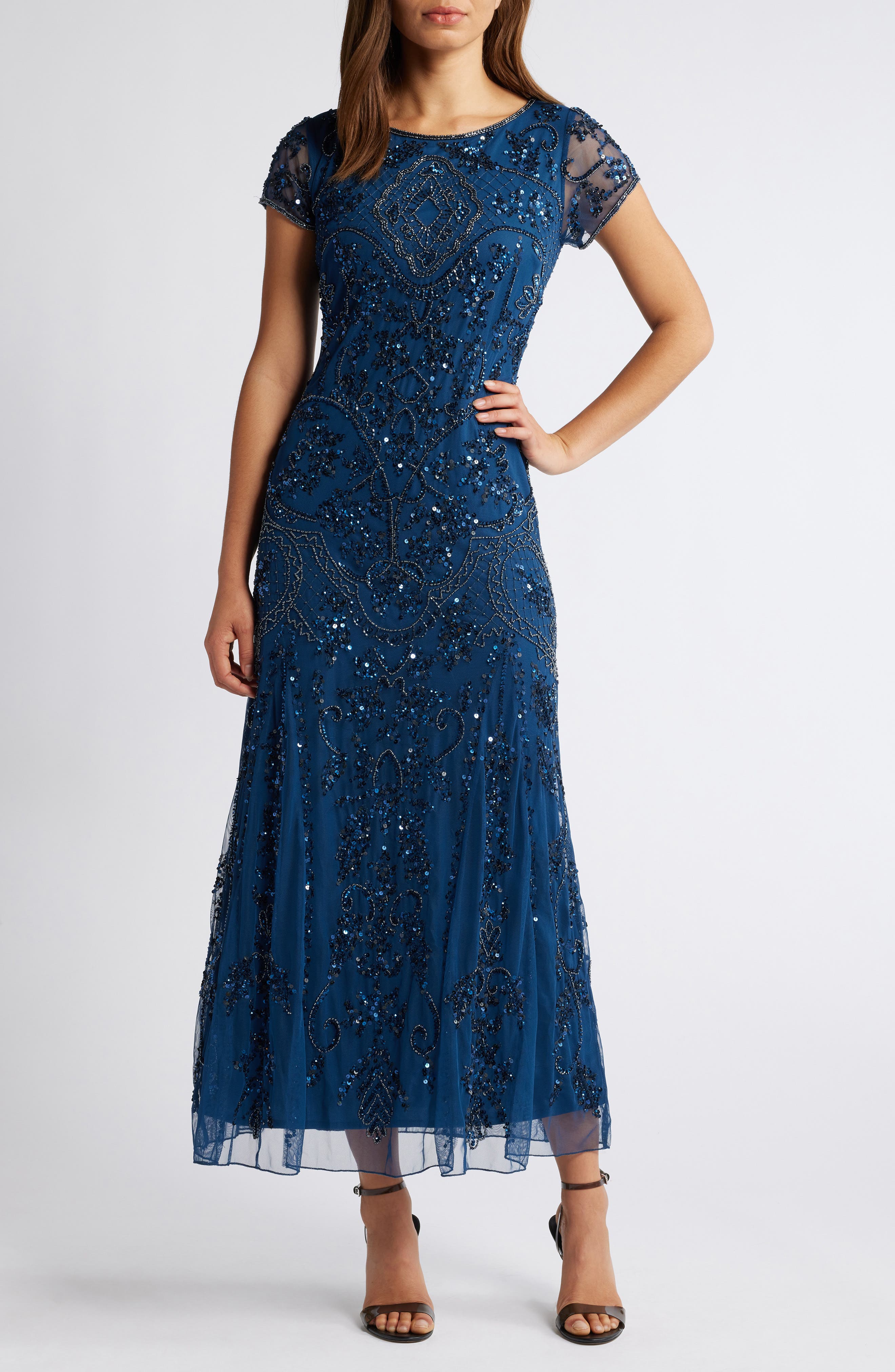 Pisarro Nights Beaded Mesh Midi Cocktail Dress in New Petrol Blue 