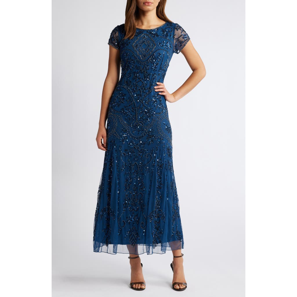 Pisarro Nights Beaded Mesh Midi Cocktail Dress in New Petrol Blue