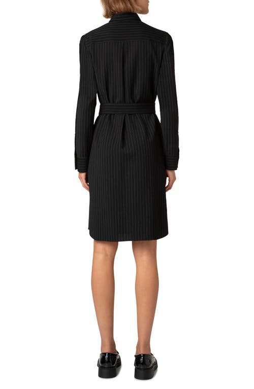 Akris Punto Pinstripe Long Sleeve Wool Blend Crepe Shirtdress In Black-cream