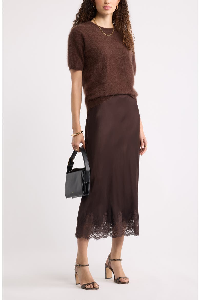 Lace Trim Satin Bias Midi Skirt, Alternate, color, BROWN MOLE