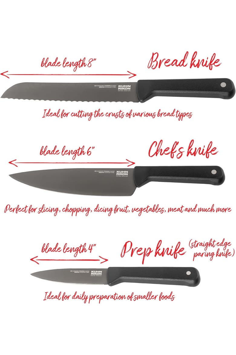 ICED 3 Piece Knife Set, Paring, Chef, Bread, Ice Hardened German Stainless Blade, Alternate, color, Black