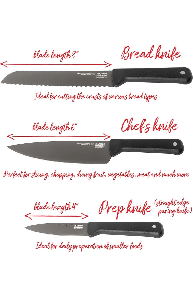 Kuhn Rikon ICED 3 Piece Knife Set, Paring, Chef, Bread, Ice Hardened German Stainless Blade, Alternate, color, Black